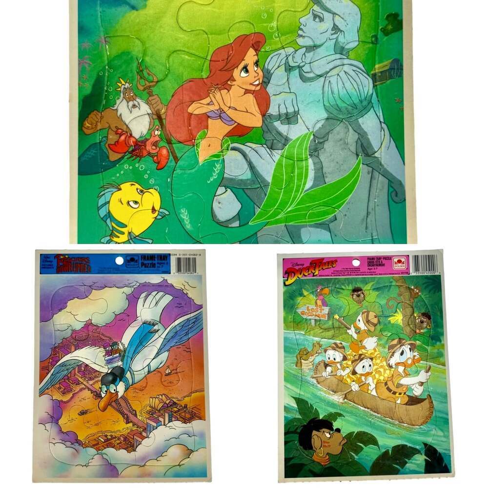 Disney Frame Tray Puzzle (3) 12pc 11x8" Rescuers Little Mermaid Duck Tales